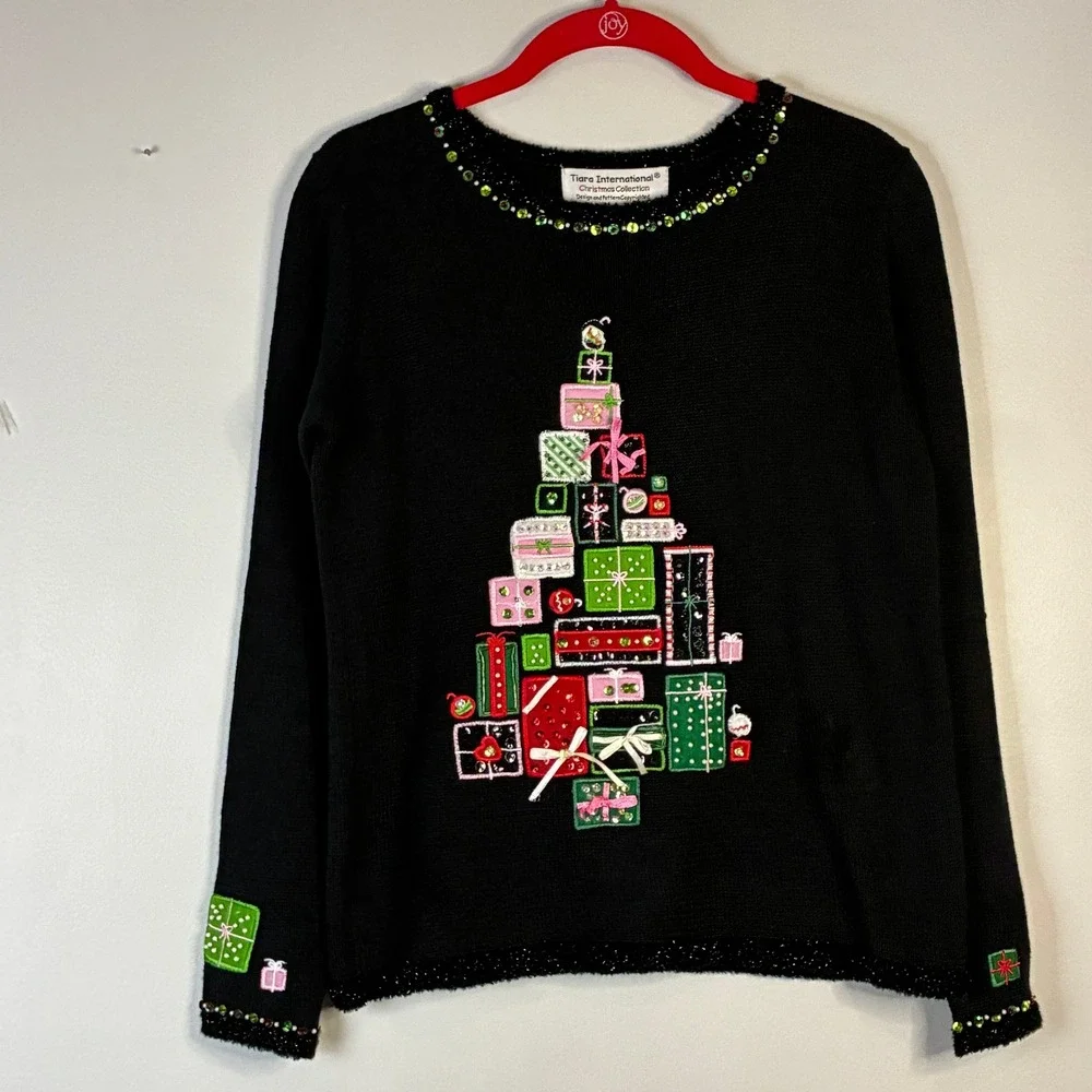 Tiara Int.‎ Christmas Sweater Black Tree Gifts Sequin Beaded Women's Small *Flaw